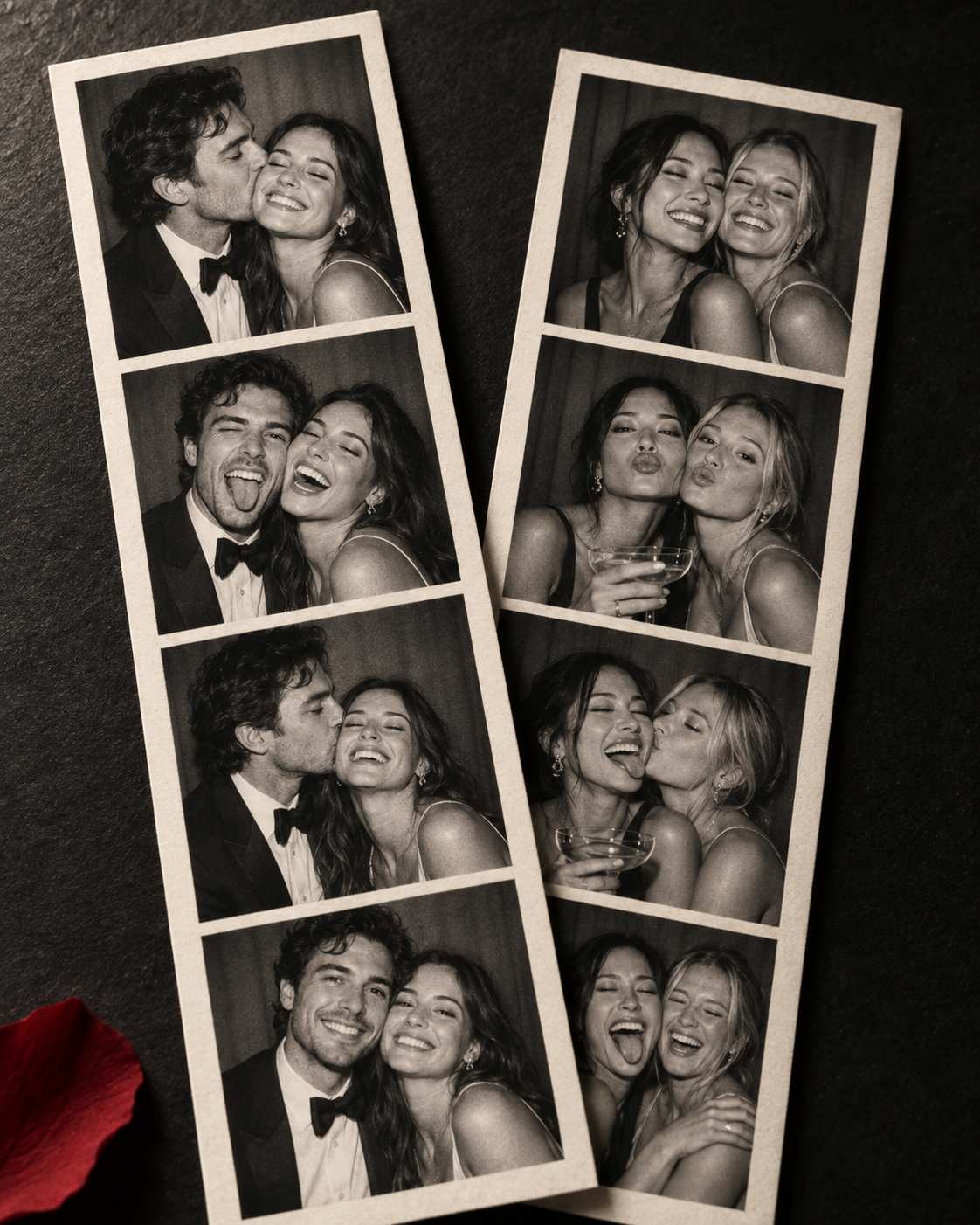 Illustrative black-and-white photo strips of wedding guests sharing a laugh
